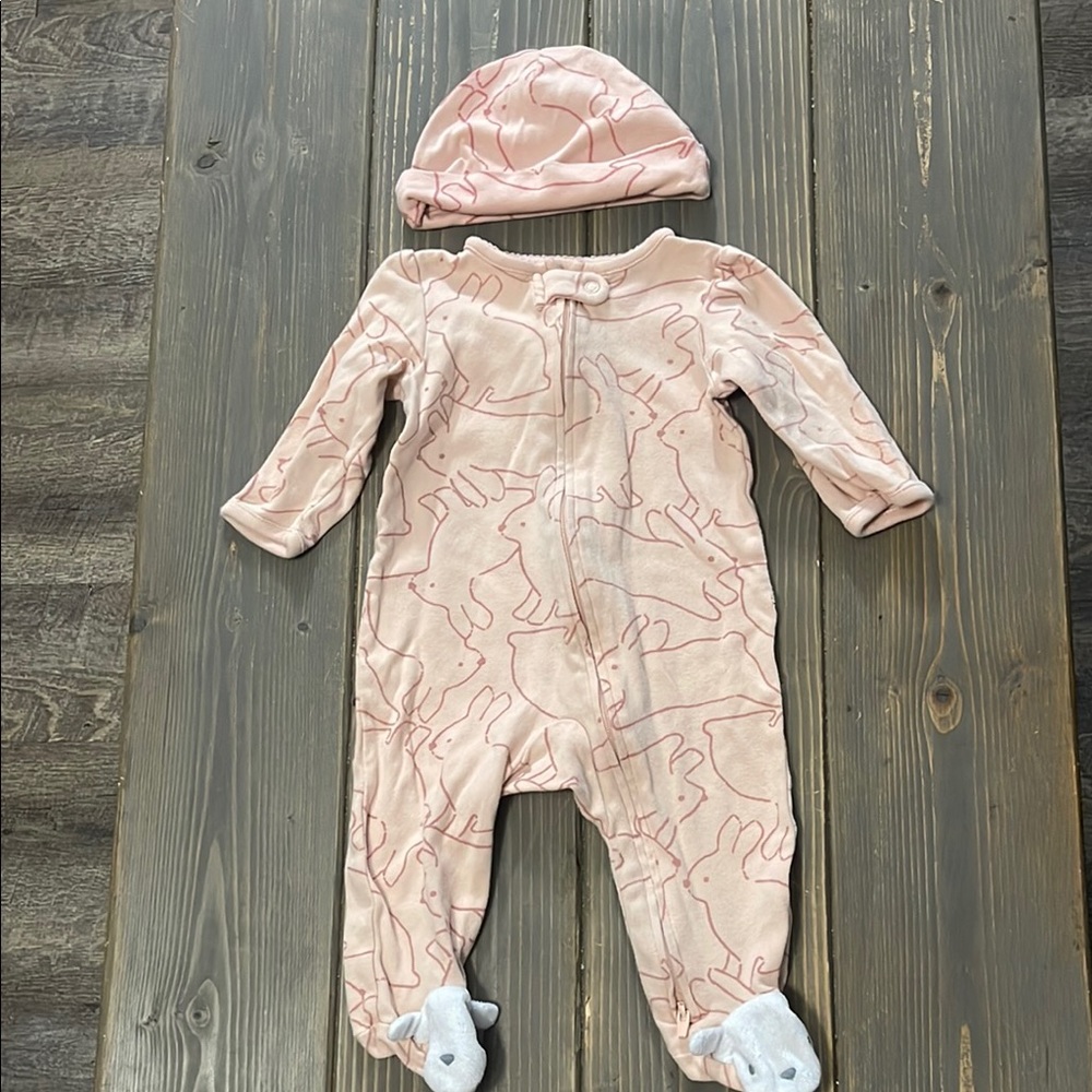 Pink bunny footie zipper pajamas with Hat